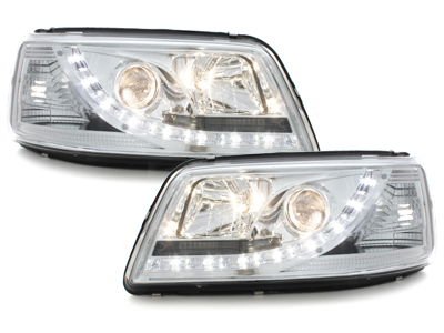 Scheinwerfer für VW T5 Bus 03-09 Tagfahrlicht-Optik chrom mit Stellmotor