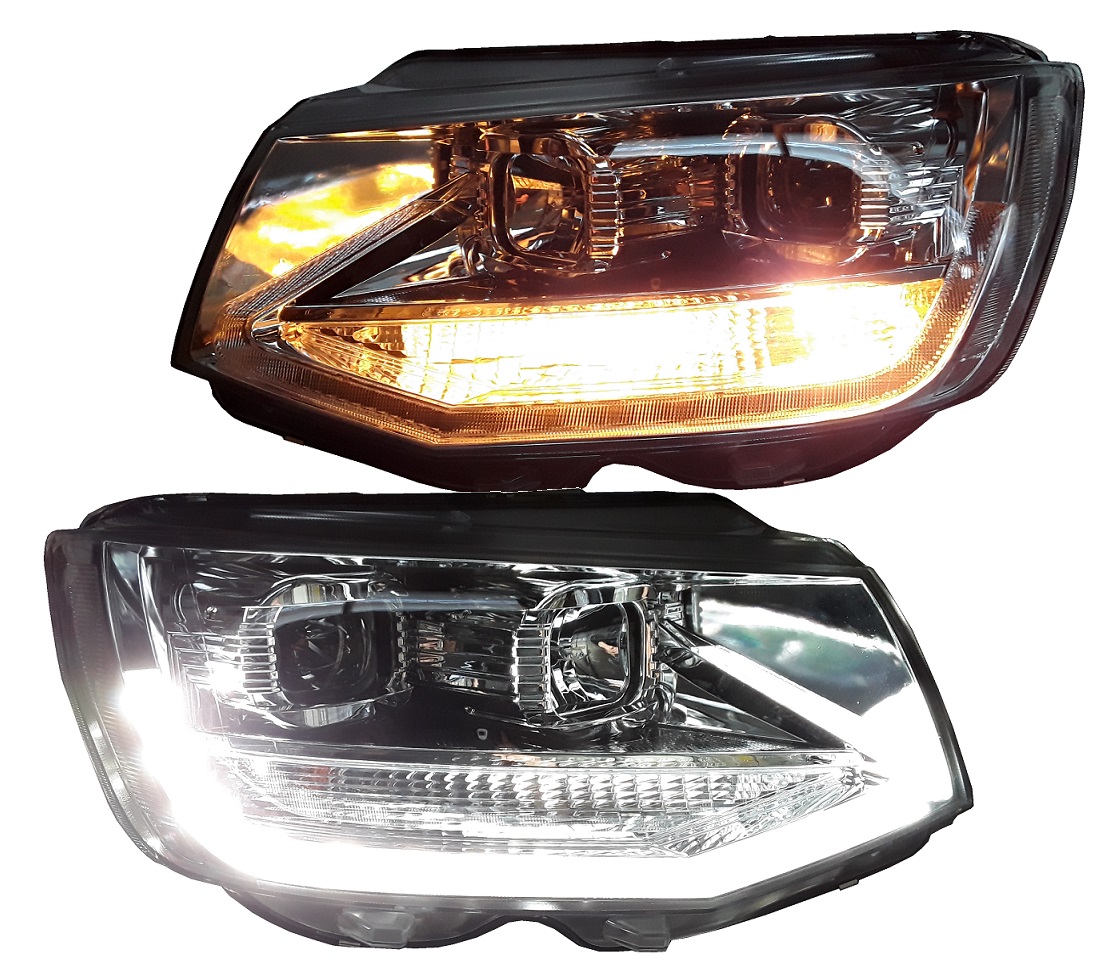 Scheinwerfer für VW T6 LED Tagfahrlicht Halogen-Blinker chrom