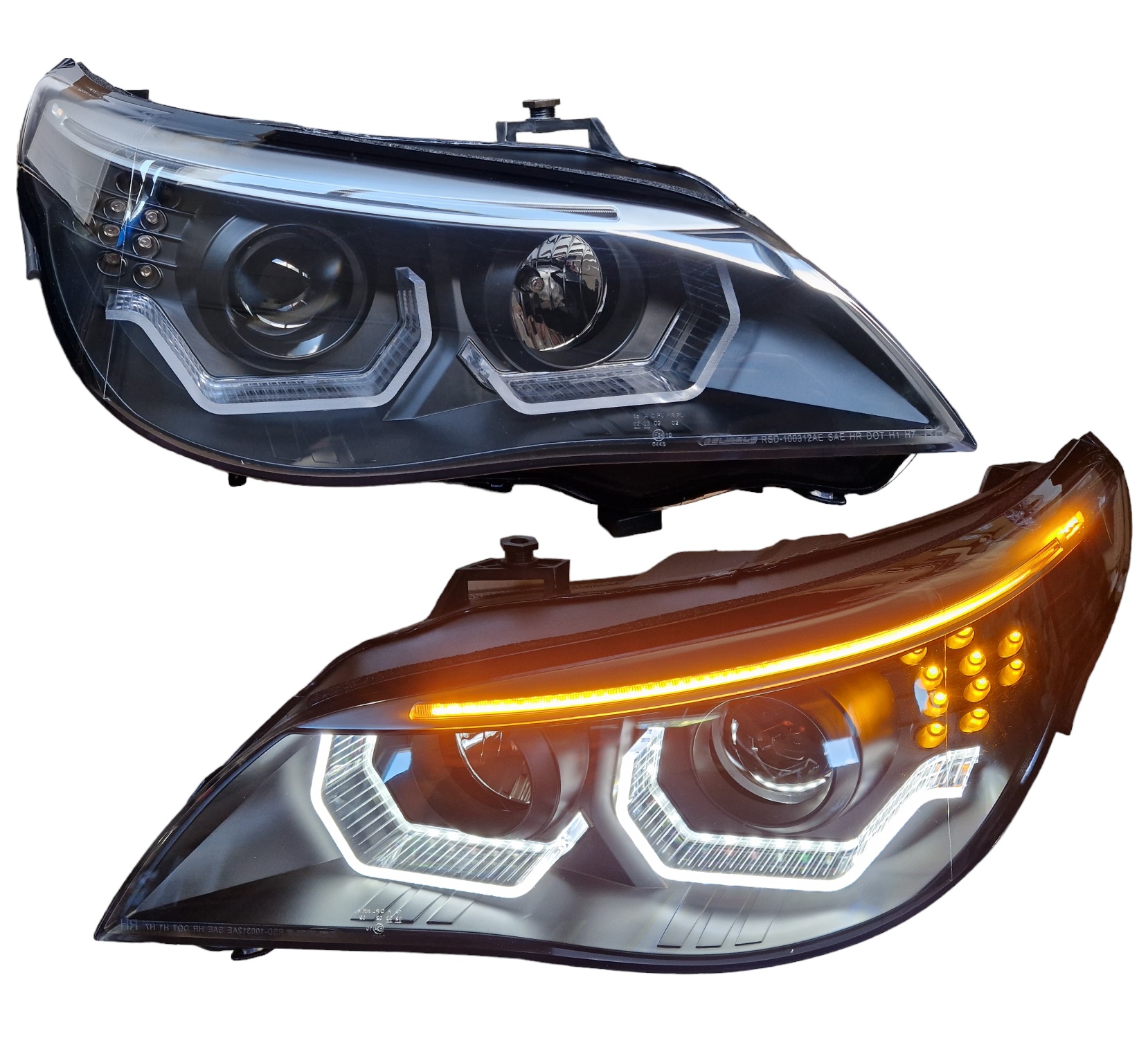 Scheinwerfer für BMW E60 E61 03-07 schwarz Led Blinker 3D Angel Eyes RL
