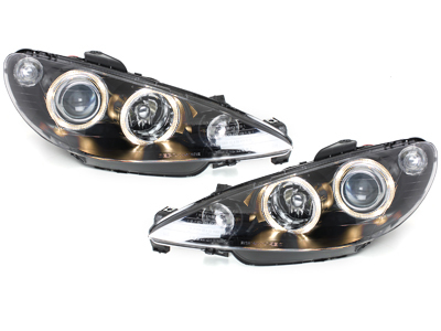 LED Angel Eyes Scheinwerfer für Peugeot 206 98-07 schwarz Depo