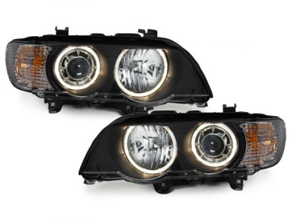 Halogen Scheinwerfer für BMW X5 99-03 E53 2 Standlichtringe schwarz