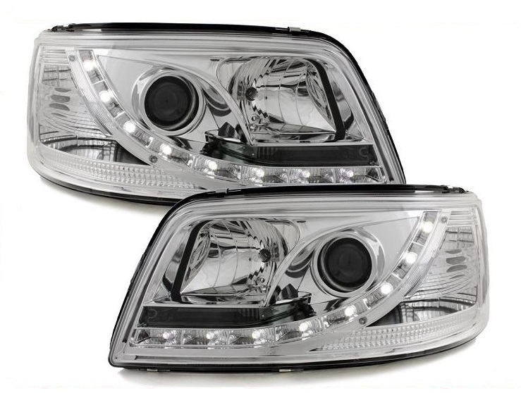 LED TAGFAHRLICHT Scheinwerfer für VW T5 03-09 chrom mit Stellmotor