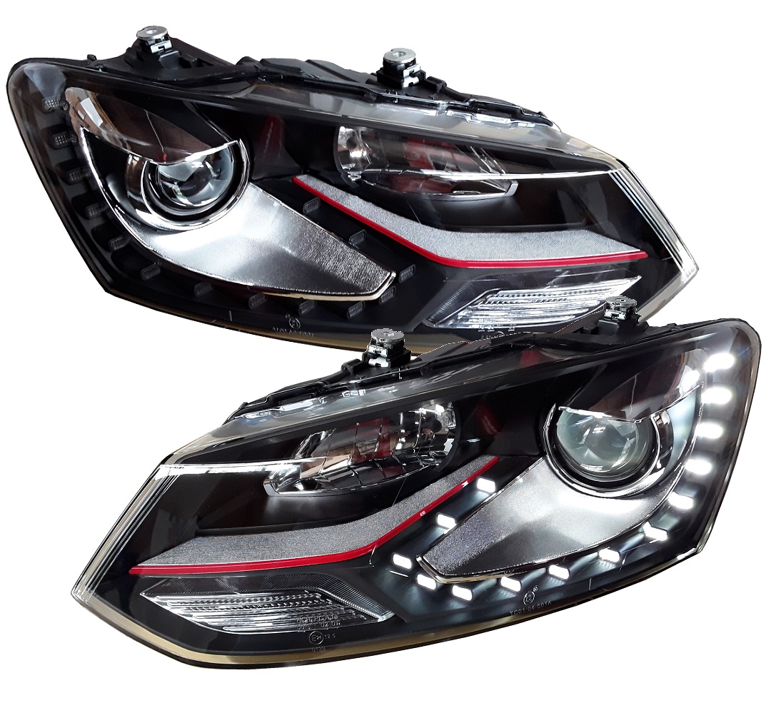 Scheinwerfer für VW Polo 6R 6C 09+ schwarz rot Led-Standlicht