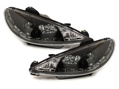 LED TAGFAHRLICHT Scheinwerfer für Peugeot 206 98-07 black schwarz