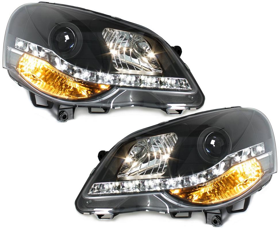 Tagfahrlicht-Optik Scheinwerfer für VW Polo 9N3 05-09 schwarz + LWR