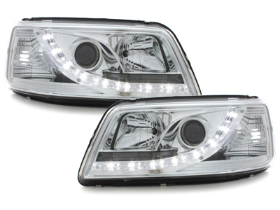 Scheinwerfer für VW T5 Bus 03-09 Tagfahrlicht-Optik chrom mit Stellmotor